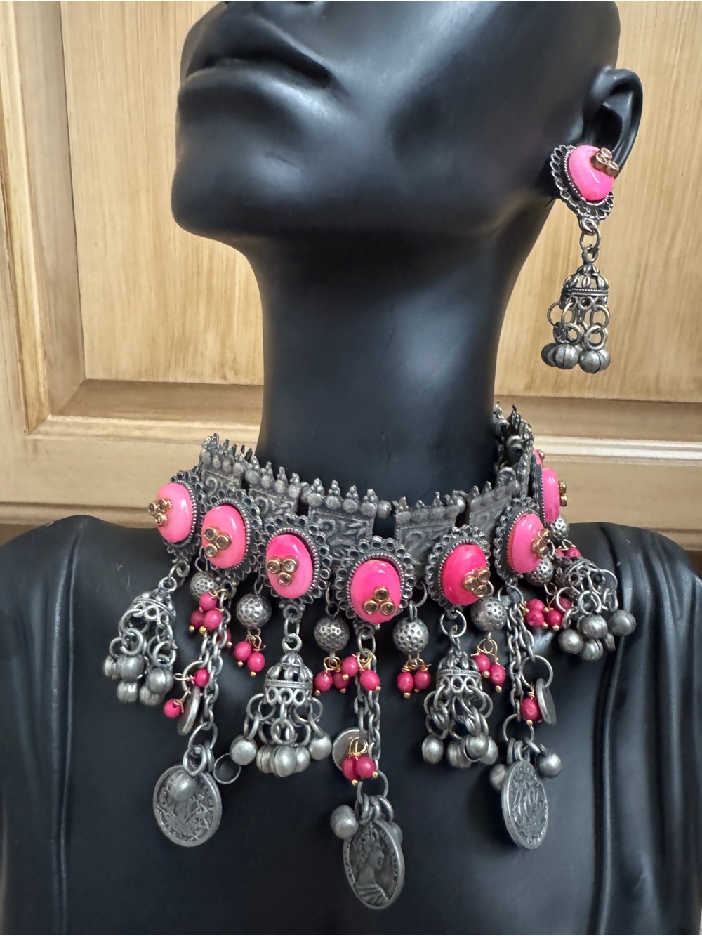 Vintage-Inspired Afghani Pink & Silver Statement Choker Necklace and Earring Set